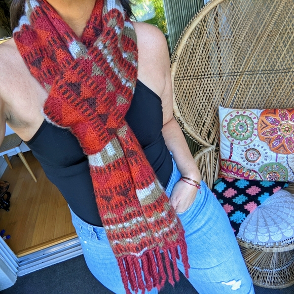 Urban Outfitters Rust Orange Red Winter Scarf Super Long Aztec Fuzzy Knit - Picture 2 of 16